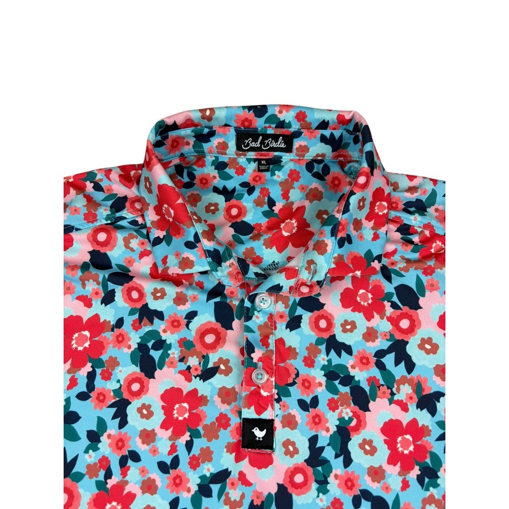 Bad Birdie Mens XL Floral Golf Polo Shirt Blue Pink Red Performance Stretch